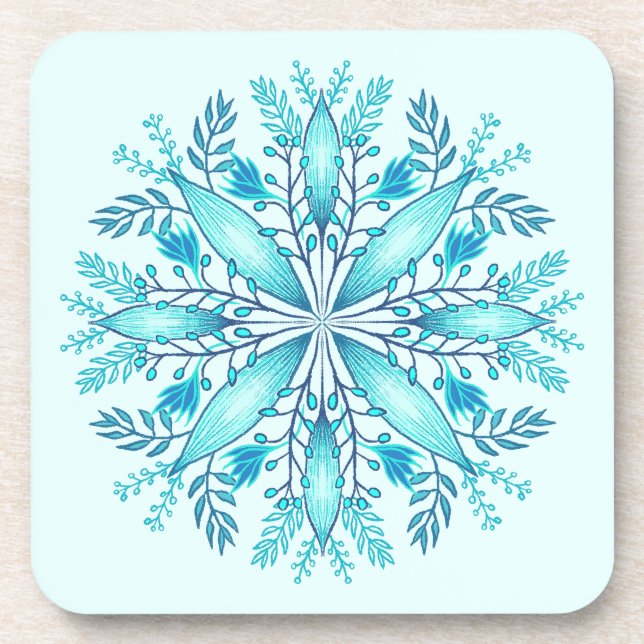 Floral Mandala - Turquoise Blue Boho Snowflake Beverage Coaster (Front)