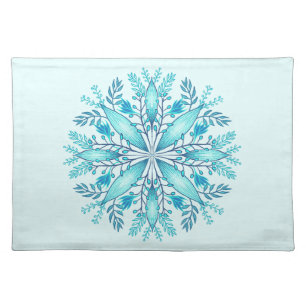 Floral Mandala - Turquoise Blue Boho Snowflake Cloth Placemat