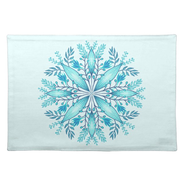 Floral Mandala - Turquoise Blue Boho Snowflake Cloth Placemat (Front)