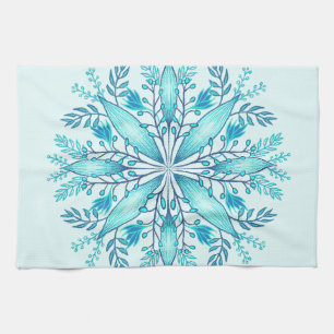 Floral Mandala - Turquoise Blue Boho Snowflake Kitchen Towel
