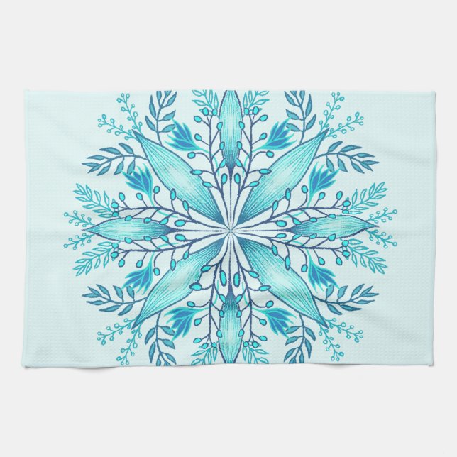 Floral Mandala - Turquoise Blue Boho Snowflake Kitchen Towel (Horizontal)