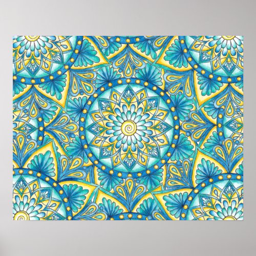 Floral Mandala Yellow Blue Turquoise Pattern Poster