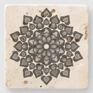 Floral Mandela Black Gray Hearts Art Stone Coaster