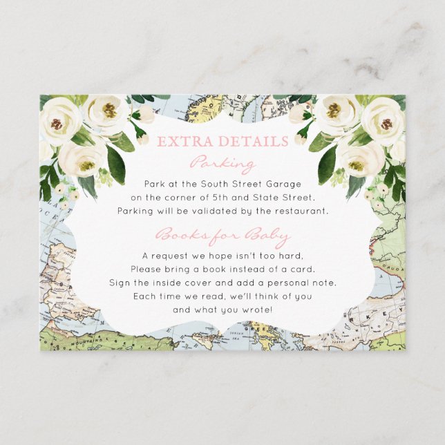 Floral Map Pink Travel Theme Baby Shower Info Enclosure Card (Front)