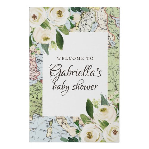 Floral Map Travel Theme Baby Shower Welcome Faux Canvas Print