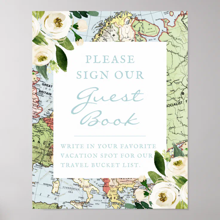 Floral Map Travel Theme Guest Book Sign Zazzle