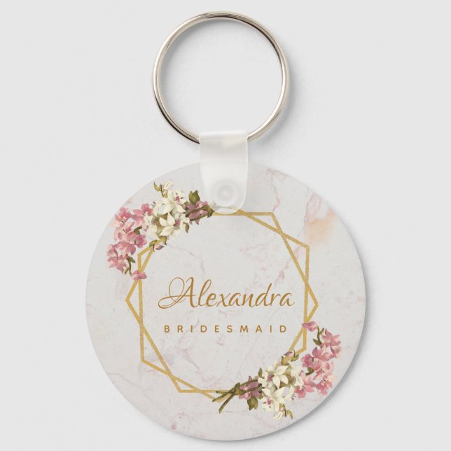 Floral Marble Gold Orchids Geometric Bridesmaid Keychain (Front)