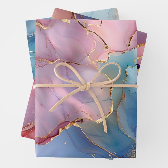 Floral Marble Gold Pink Blue Wrapping Paper Sheets (In situ)
