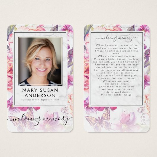 Floral Marble Photo Funeral Memorial Poem Card (Front & Back)
