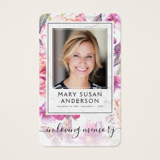 Floral Marble Photo Funeral Memorial Poem Card (Front)
