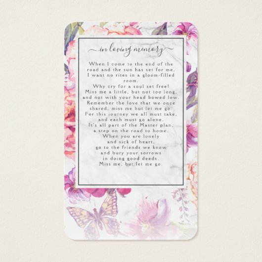 Floral Marble Photo Funeral Memorial Poem Card (Back)