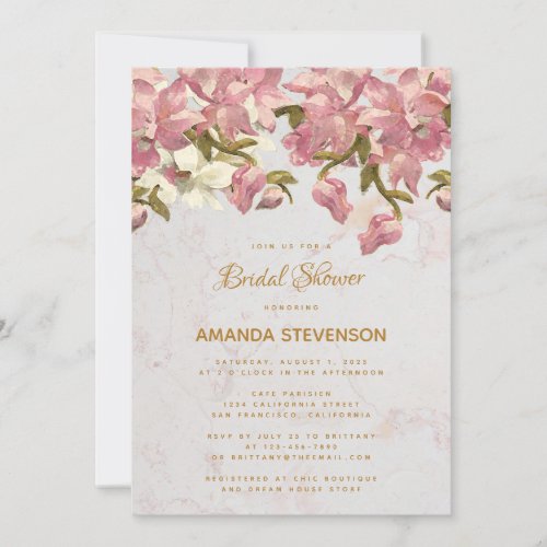 Floral Marble Pink and White Orchids Bridal Shower Invitation