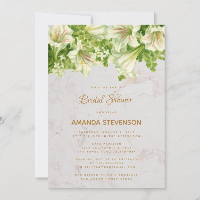 Floral Marble White Lilies Bridal Shower Invitation (Front)