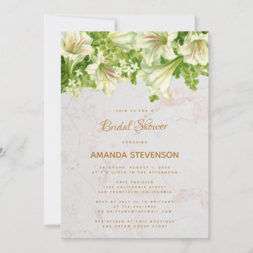 Floral Marble White Lilies Bridal Shower Invitation