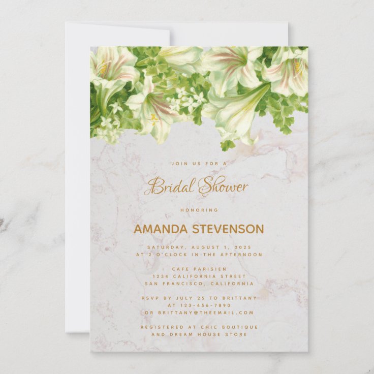 Floral Marble White Lilies Bridal Shower Invitation Zazzle