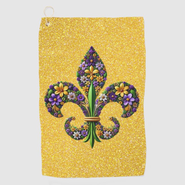 Floral Mardi Gras fleur de lis Golf Towel (Front)