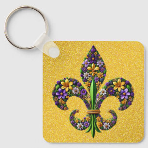 Floral Mardi Gras fleur de lis Keychain
