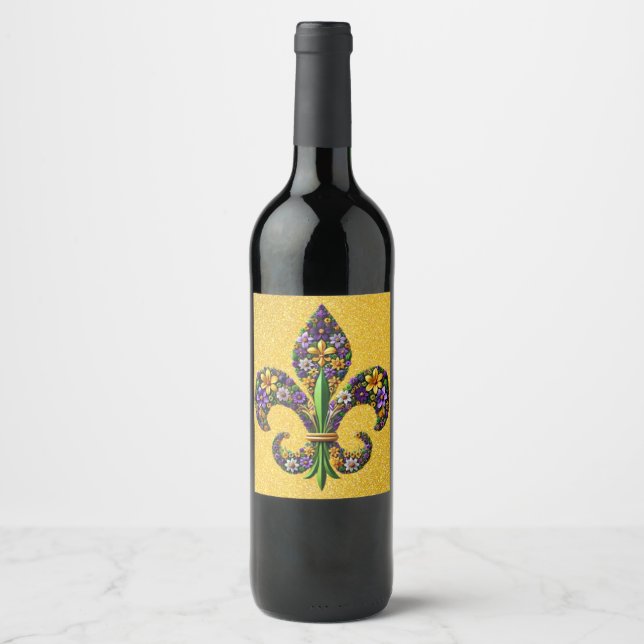 Floral Mardi Gras fleur de lis Wine Label (Front)