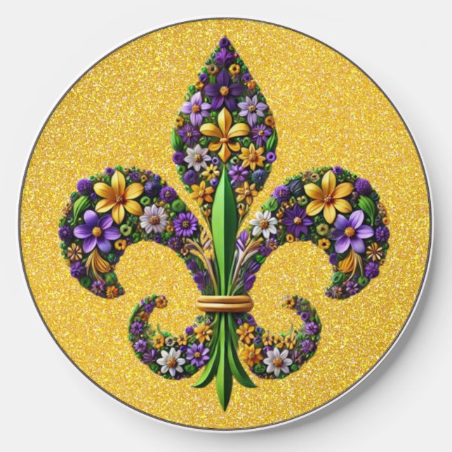 Floral Mardi Gras fleur de lis Wireless Charger (Front)