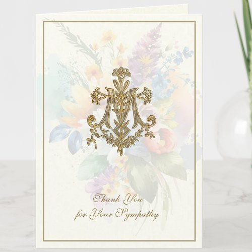 Floral Marian Cross Catholic Funeral Condolence Thank You Card