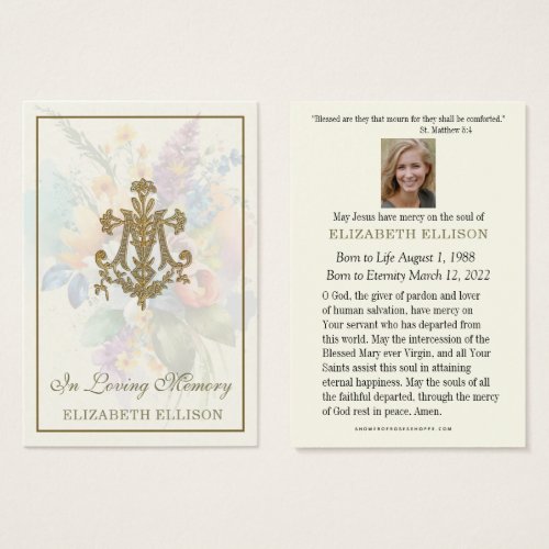 Floral Marian Cross  Funeral Prayer Card