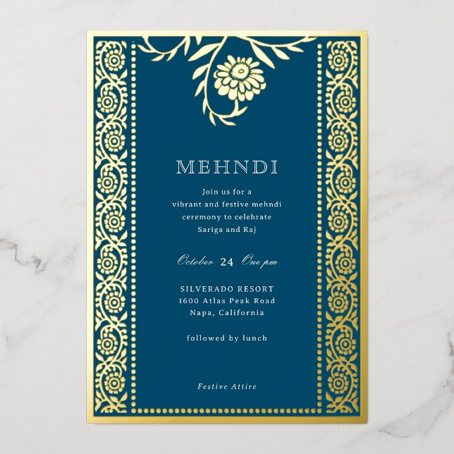Floral Marigold Gold Mehndi Invitation Foil Invitation (Front)