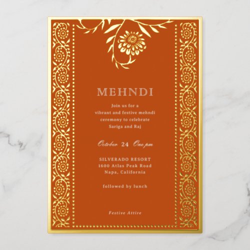 Floral Marigold Gold Mehndi Invitation Foil Invitation