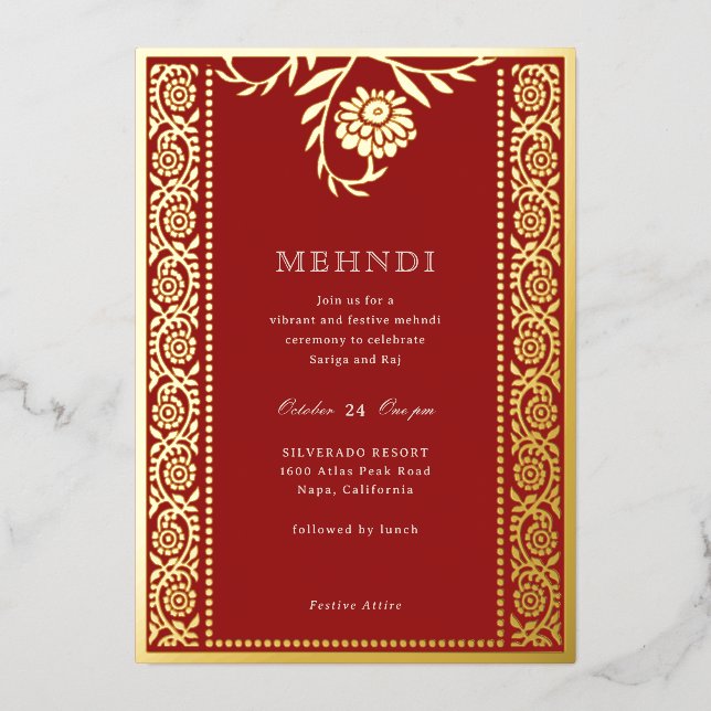 Floral Marigold Gold Mehndi Invitation Foil Invitation (Front)