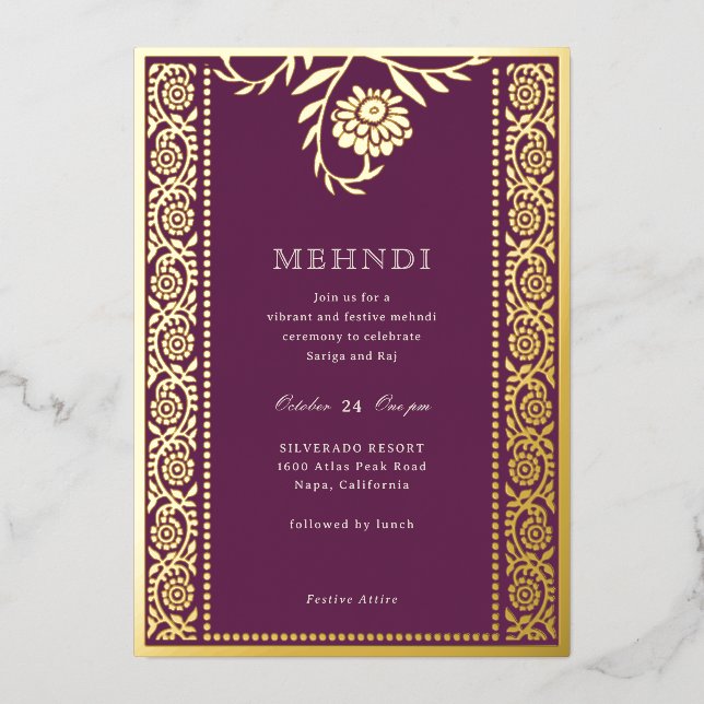 Floral Marigold Gold Mehndi Invitation Foil Invitation (Front)