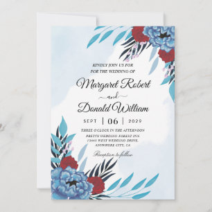 floral maroon and turquoise wedding invitation