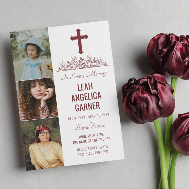 Floral Maroon Cross 3 Photos White Burial Service Invitation (Creator Uploaded)