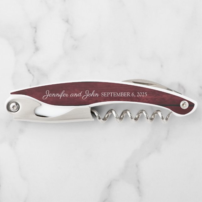 Floral Maroon Wooden Rustic Wedding Favors Waiter's Corkscrew (Front)