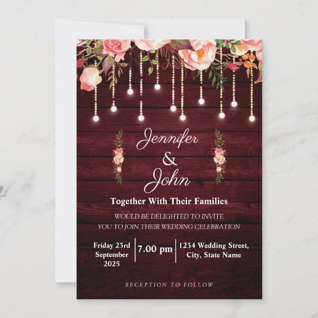 Floral Maroon Wooden Rustic Wedding Invitation (Front)