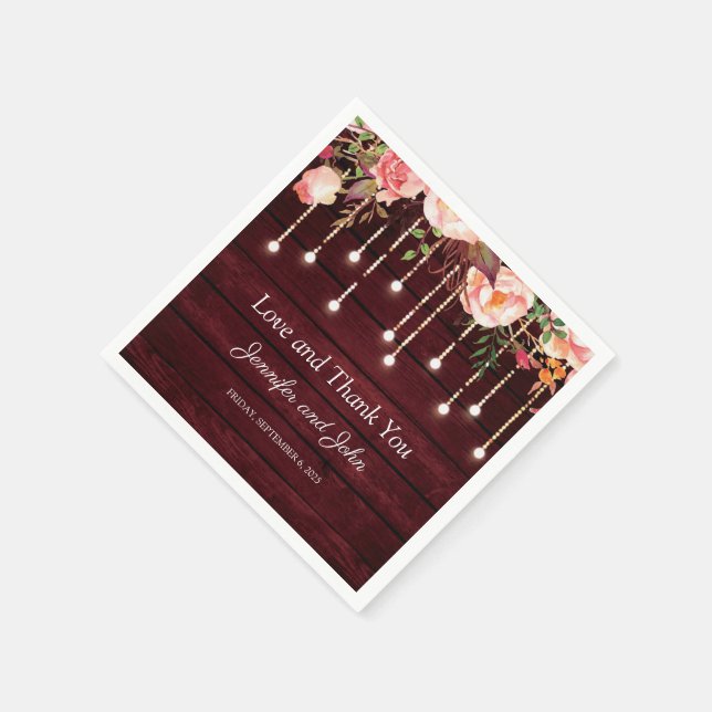 Floral Maroon Wooden Rustic Wedding Napkins (Corner)
