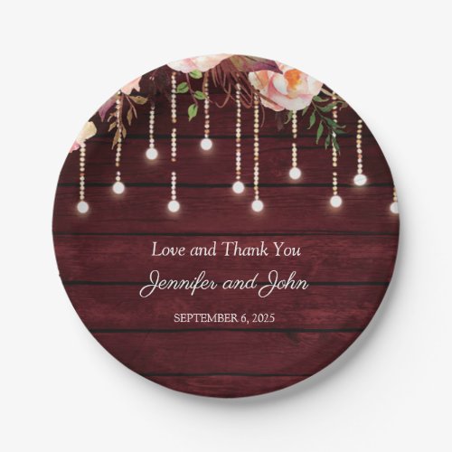 Floral Maroon Wooden Rustic Wedding Paper Plates
