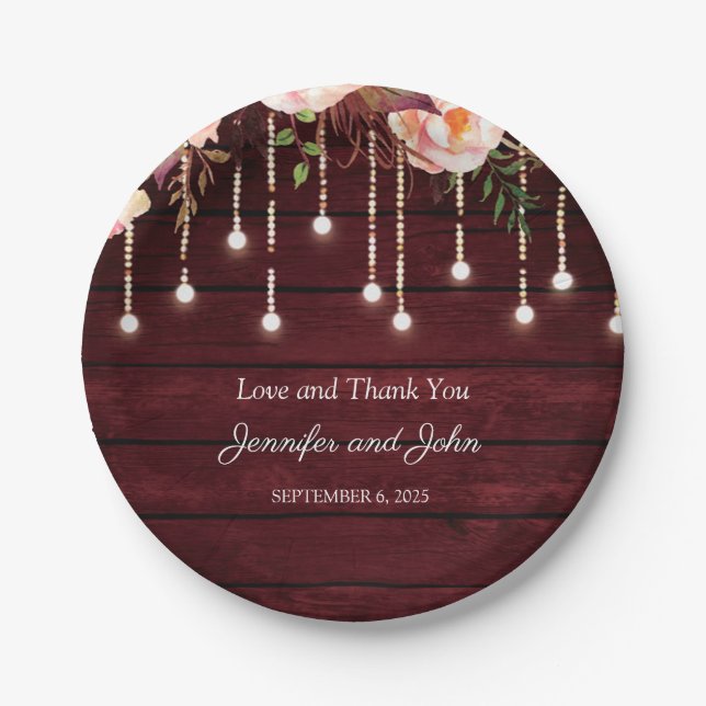Floral Maroon Wooden Rustic Wedding Paper Plates (Front)