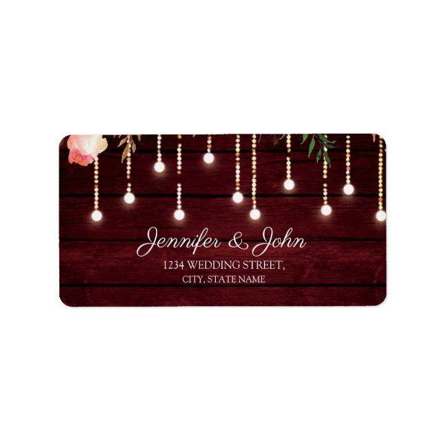 Floral Maroon Wooden Rustic Wedding Return Address Label (Front)