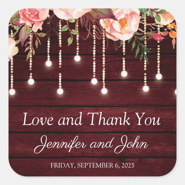 Floral Maroon Wooden Rustic Wedding Square Sticker (Front)