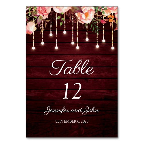 Floral Maroon Wooden Rustic Wedding Table Number