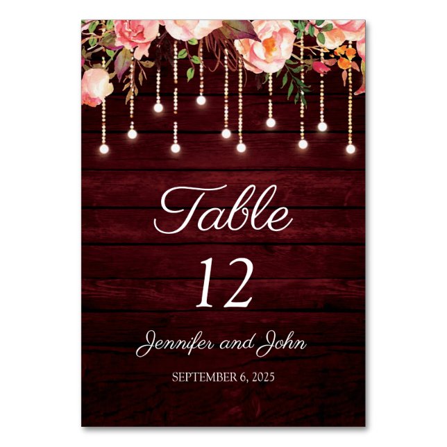 Floral Maroon Wooden Rustic Wedding Table Number (Front)