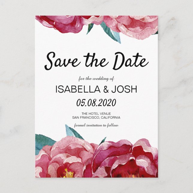 Floral Marsala Burgundy Peony Save the Date Announcement Postcard (Front)
