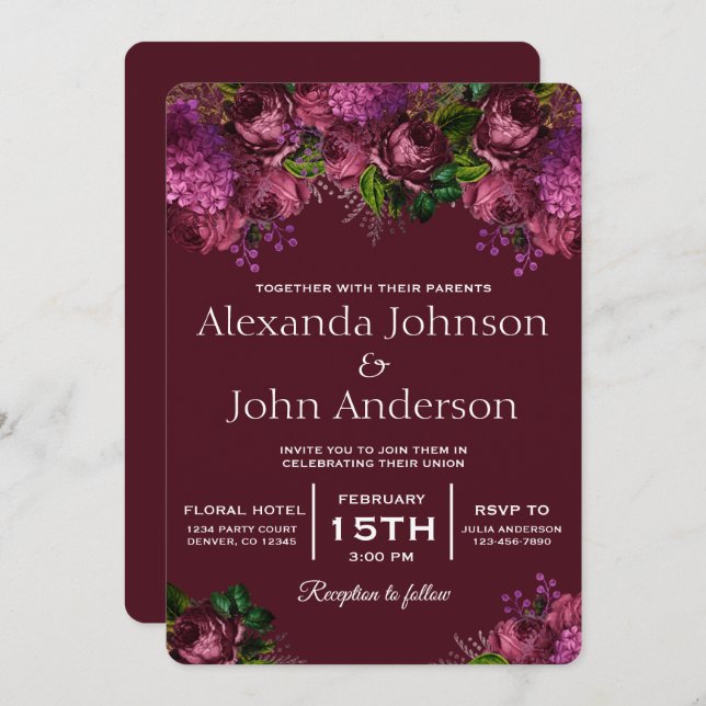 Floral Marsala Burgundy Wedding Invitation (Front/Back)