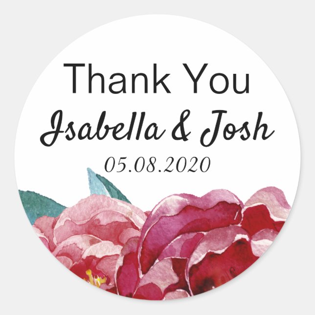 Floral Marsala Peony Thank You Classic Round Sticker (Front)