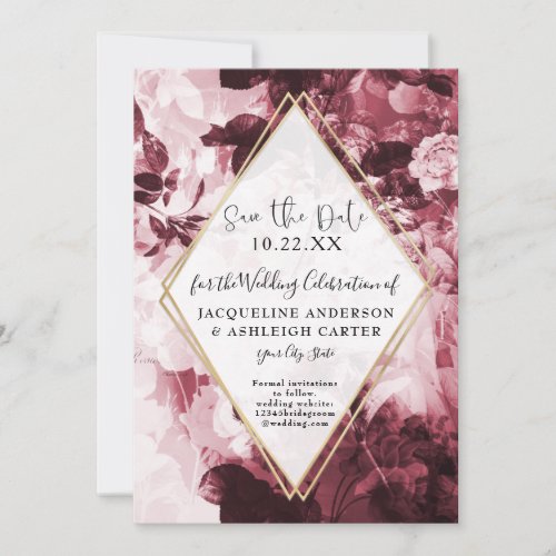 Floral Marsala Red Gold Geometric w Script Save The Date