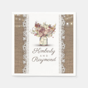Floral Mason Jar and Burlap Lace Rustic Wedding Napkins