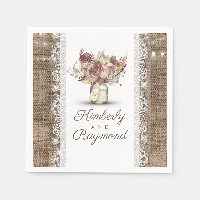 Floral Mason Jar and Burlap Lace Rustic Wedding Napkins (Front)