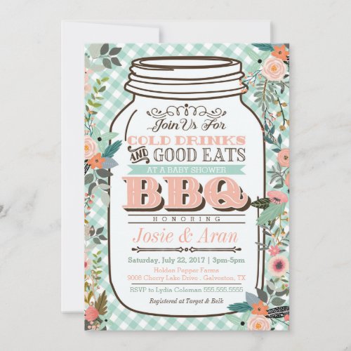 Floral Mason Jar BBQ Baby Shower Invitation