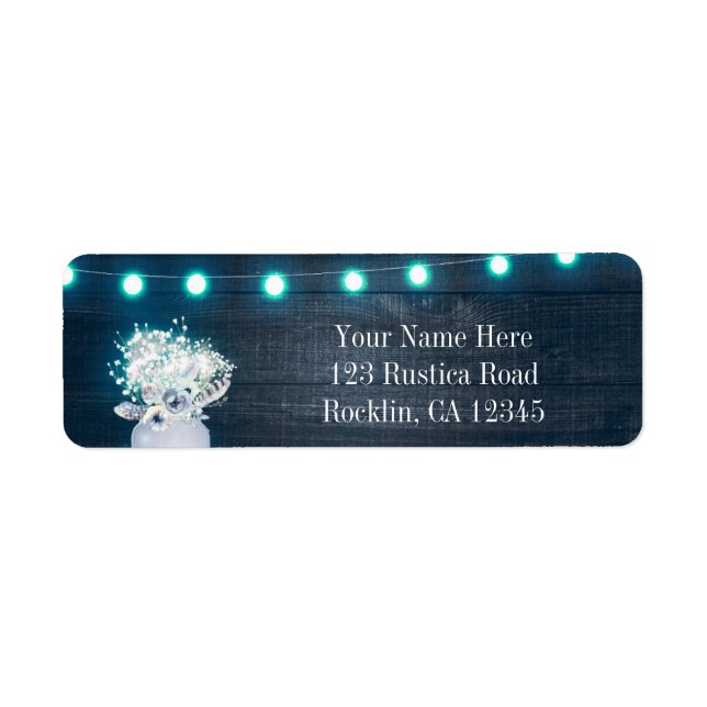 Floral Mason Jar & Blue Lights Rustic Invitation Label (Front)