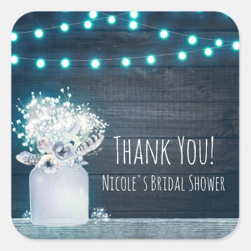 Floral Mason Jar  Blue Lights Rustic Invitation Square Sticker