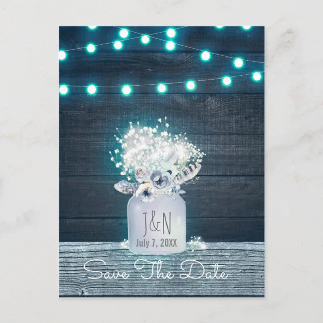 Floral Mason Jar Blue Lights Rustic Save The Date Announcement Postcard ...
